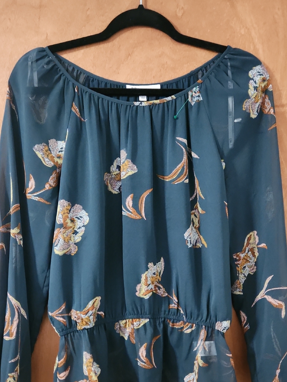 DR2 Teal Green Floral Peasant Blouse Semi Sheer Size Small